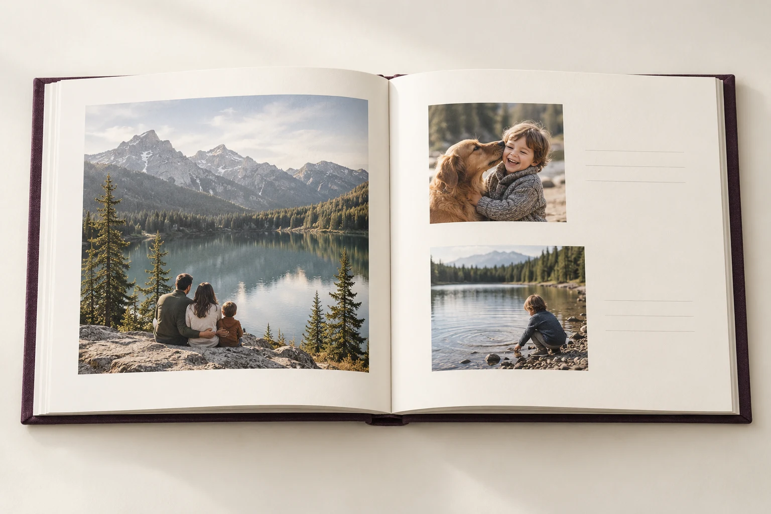 Illustrative open memory book with family photos